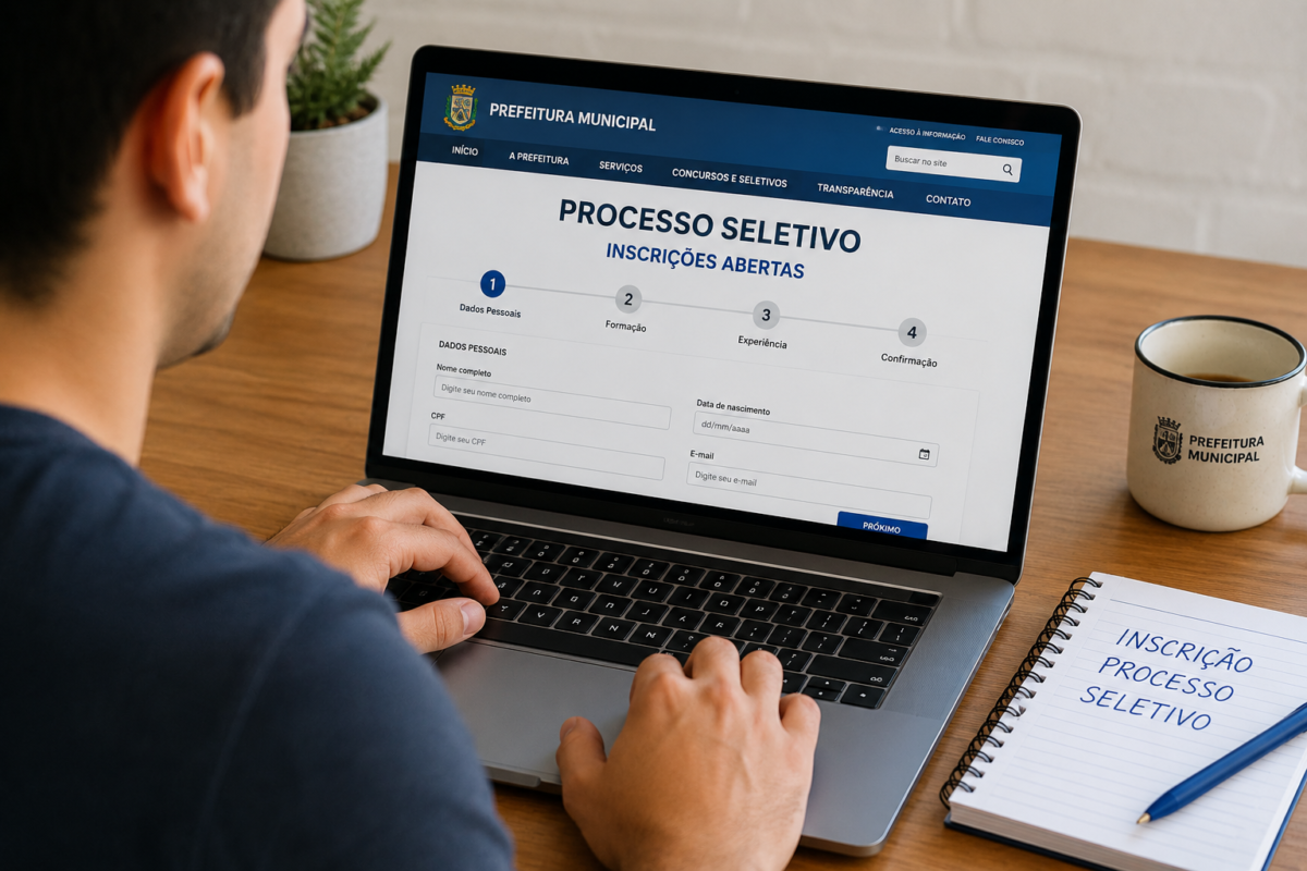 Homem de camisa azul-marinho digita em notebook exibindo formulário de processo seletivo municipal.