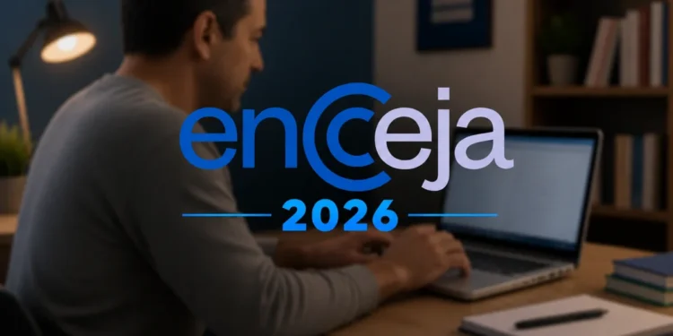 Homem mexendo no notebook com destaque para o logo do Encceja 2026, representando as inscrições abertas.