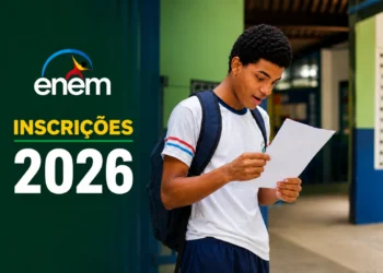 Estudante do ensino médio em escola pública brasileira lendo um documento do Enem, com arte do exame ao lado, representando a abertura das inscrições em 2026.