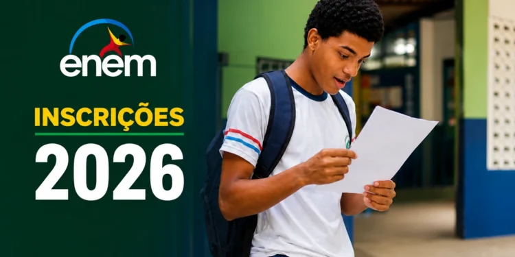 Estudante do ensino médio em escola pública brasileira lendo um documento do Enem, com arte do exame ao lado, representando a abertura das inscrições em 2026.