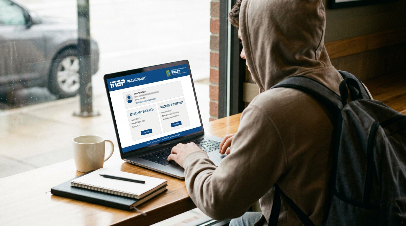 Jovem de capuz consulta resultado e inscrições do ENEM 2026 na página do participante do INEP em laptop