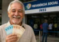 Aposentado sorridente em frente a uma agência do INSS segurando notas de dinheiro, representando a consulta ao pagamento da segunda parcela do 13º salário.