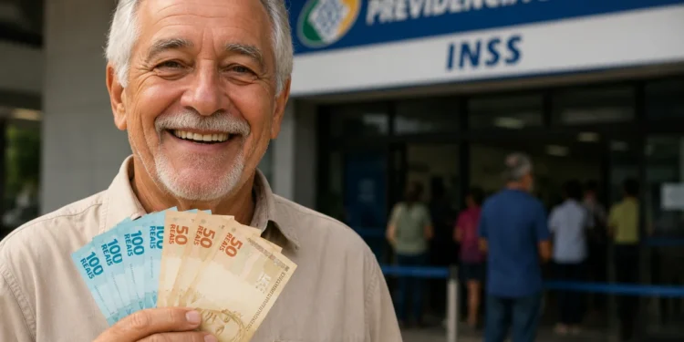 Aposentado sorridente em frente a uma agência do INSS segurando notas de dinheiro, representando a consulta ao pagamento da segunda parcela do 13º salário.