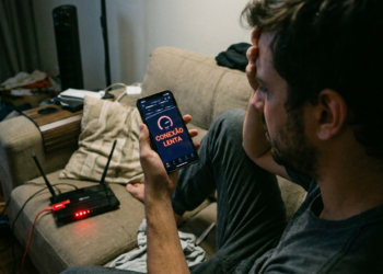 Homem frustrado segura celular mostrando "Conexão Lenta" ao lado de roteador com LEDs vermelhos acesos.