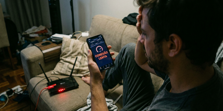 Homem frustrado segura celular mostrando "Conexão Lenta" ao lado de roteador com LEDs vermelhos acesos.