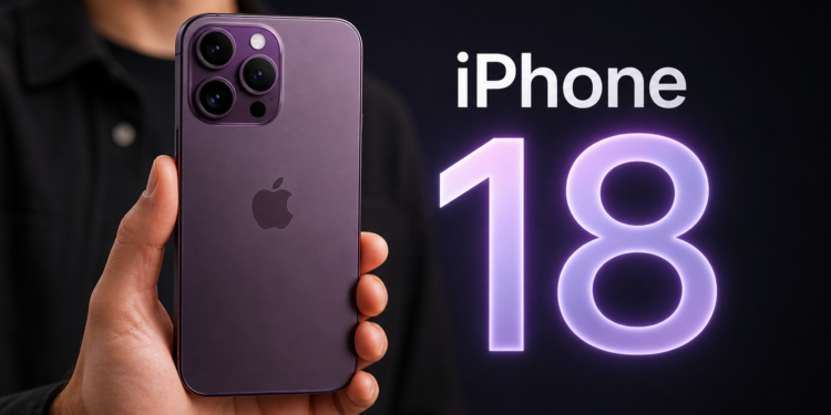 Mão segurando iPhone 18 Pro na cor roxa mostrando conjunto de três câmeras traseiras e logo da Apple