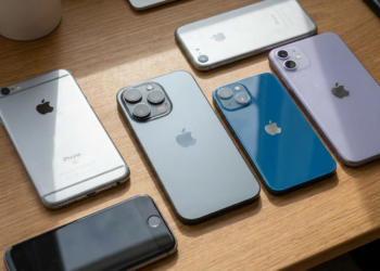Seis iPhones de diferentes gerações, do SE ao 13 Pro, expostos sobre mesa de madeira clara.