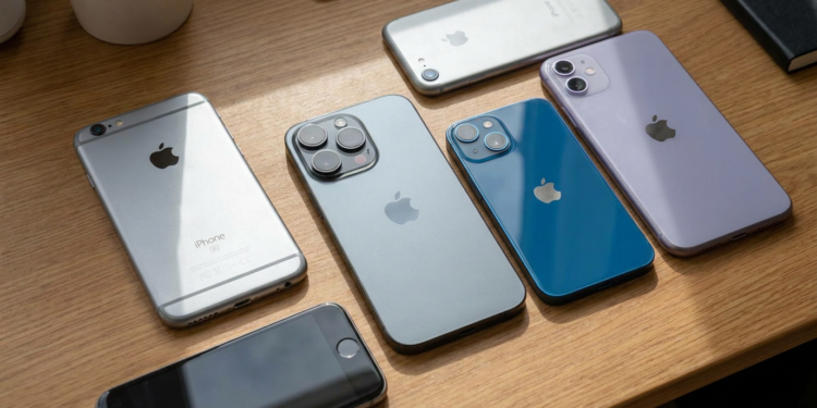 Seis iPhones de diferentes gerações, do SE ao 13 Pro, expostos sobre mesa de madeira clara.
