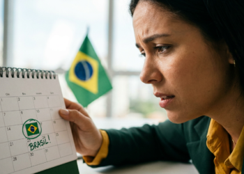 Mulher observa calendário com data de jogo do Brasil marcada ao lado da bandeira nacional