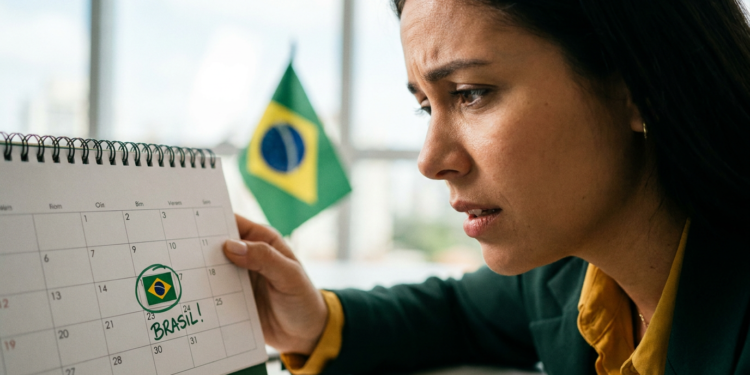 Mulher observa calendário com data de jogo do Brasil marcada ao lado da bandeira nacional