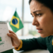 Mulher observa calendário com data de jogo do Brasil marcada ao lado da bandeira nacional