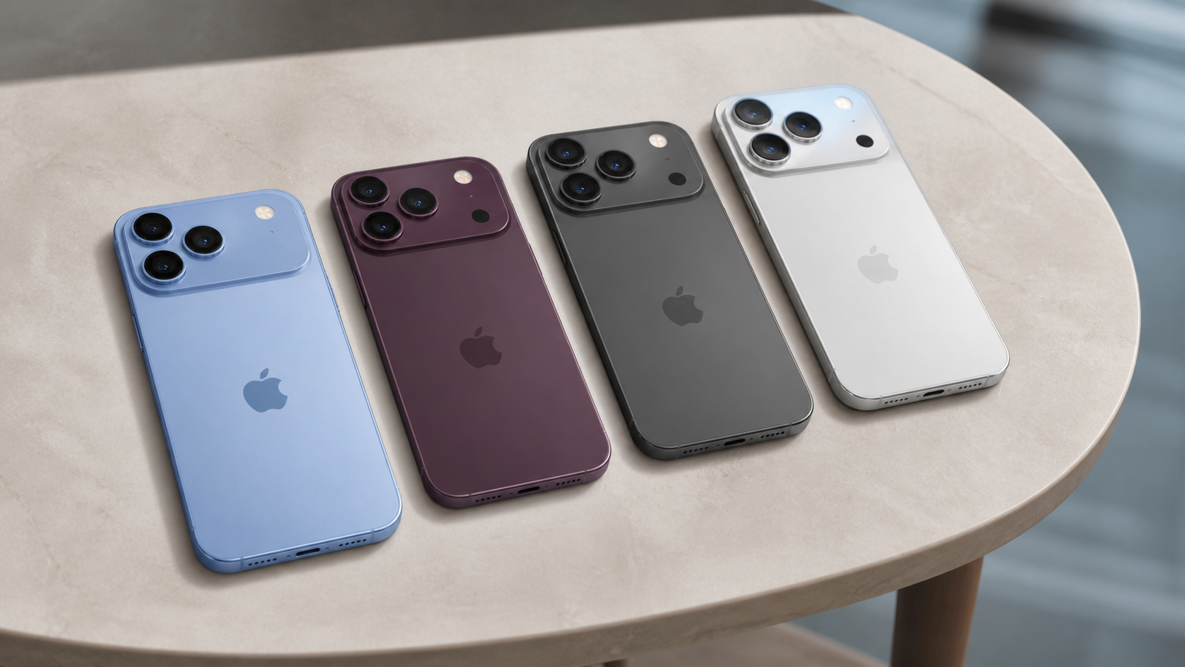 Quatro iPhones dispostos em mesa bege exibindo traseira com sistema de três câmeras nas cores azul, bordô, grafite e branco