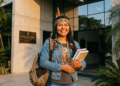 Estudante indígena sorri segurando livros em frente ao prédio da Universidade Federal Indígena