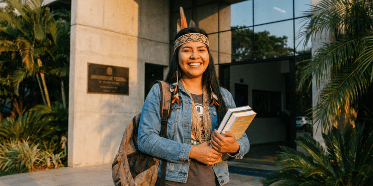 Estudante indígena sorri segurando livros em frente ao prédio da Universidade Federal Indígena