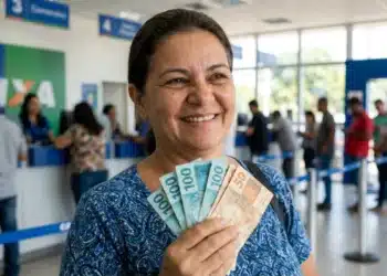 Mulher sorrindo segurando cédulas de real em agência da Caixa, representando a liberação de R$ 1.078,01.