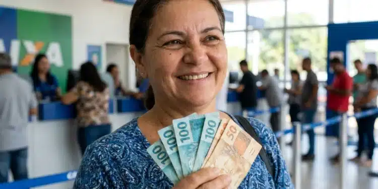 Mulher sorrindo segurando cédulas de real em agência da Caixa, representando a liberação de R$ 1.078,01.