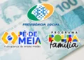 Logos do INSS, Pé-de-Meia e Bolsa Família aparecem sobre fundo de dinheiro desfocado, indicando pagamentos liberados em maio.