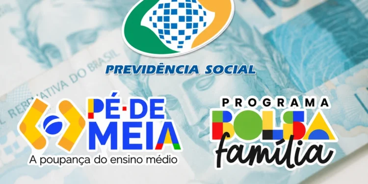 Logos do INSS, Pé-de-Meia e Bolsa Família aparecem sobre fundo de dinheiro desfocado, indicando pagamentos liberados em maio.