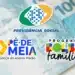 Logos do INSS, Pé-de-Meia e Bolsa Família aparecem sobre fundo de dinheiro desfocado, indicando pagamentos liberados em maio.