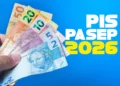 Notas de dinheiro brasileiro em destaque com chamada para PIS/Pasep 2026, representando a liberação desta semana.