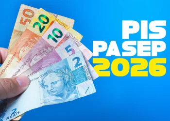 Notas de dinheiro brasileiro em destaque com chamada para PIS/Pasep 2026, representando a liberação desta semana.