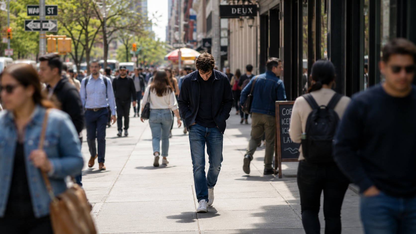 Jovem de jaqueta azul marinho e jeans caminha cabisbaixo em calçada movimentada da W 40th Street em Nova York.