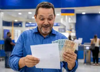 Homem sorrindo, segurando dinheiro e documento em agência bancária, representando pagamento da restituição do Imposto de Renda nesta sexta-feira (29).