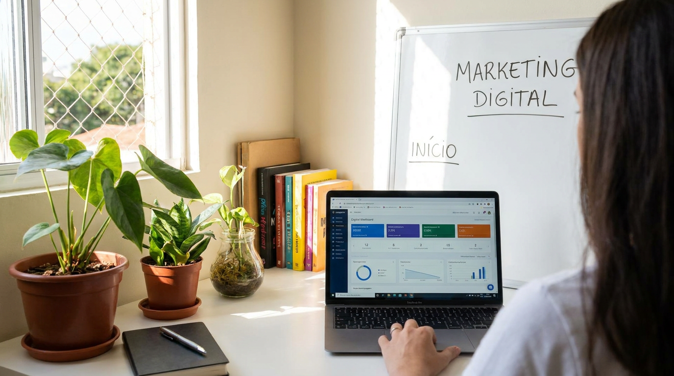 Mulher de cabelos escuros trabalha em laptop com dashboard colorido, mesa com plantas e quadro escrito Marketing Digital.