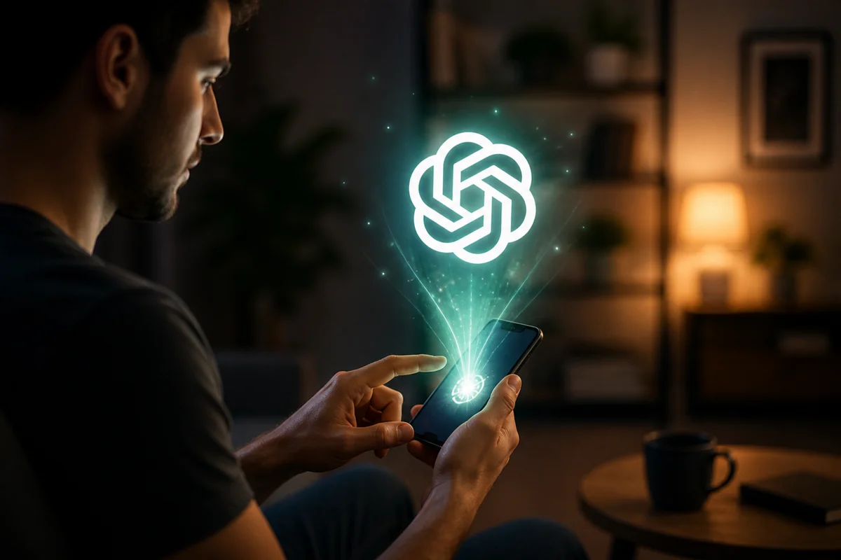 Pessoa usando smartphone com projeção holográfica do logotipo do ChatGPT saindo da tela em ambiente interno desfocado.