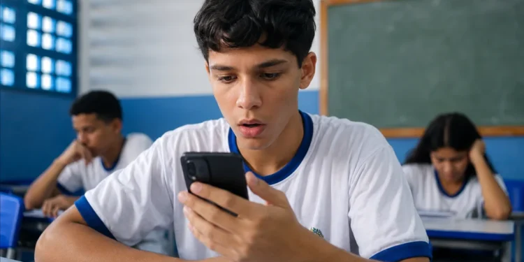 Estudante consultando o celular em sala de aula, representando mensagem do MEC sobre a terceira parcela do programa Pé-de-Meia.