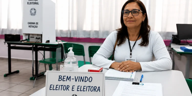 Mesária voluntária em seção eleitoral aguardando eleitores para atendimento nas eleições de 2026