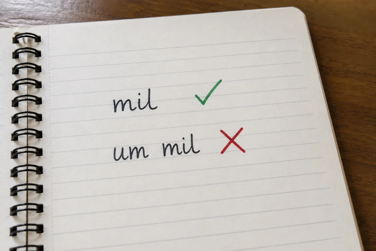 Caderno com as expressões mil e um mil indicando que mil é a forma correta segundo a gramática
