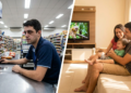Comparação entre homem trabalhando em caixa de supermercado e casal brincando com criança na sala.