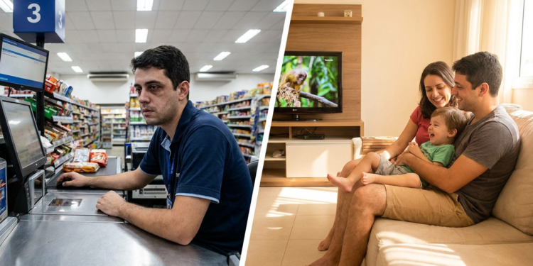 Comparação entre homem trabalhando em caixa de supermercado e casal brincando com criança na sala.