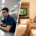 Comparação entre homem trabalhando em caixa de supermercado e casal brincando com criança na sala.