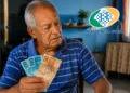 Idoso segurando dinheiro em casa, com logo da Previdência Social ao lado, representando alerta sobre mudanças no calendário da segunda parcela do 13º salário do INSS