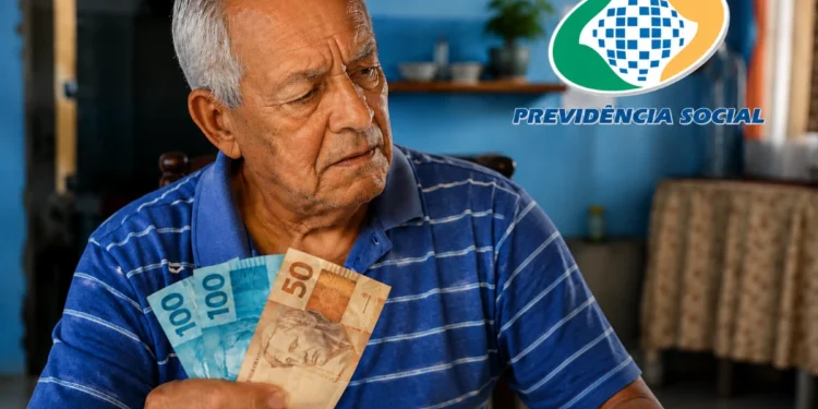 Idoso segurando dinheiro em casa, com logo da Previdência Social ao lado, representando alerta sobre mudanças no calendário da segunda parcela do 13º salário do INSS