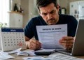 Homem preocupado analisa documento do Imposto de Renda, representando a multa de R$ 165,74 ou 1% do imposto devido para quem não declarar no prazo.