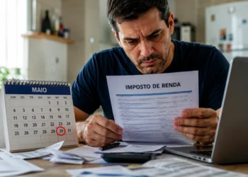 Homem preocupado analisa documento do Imposto de Renda, representando a multa de R$ 165,74 ou 1% do imposto devido para quem não declarar no prazo.