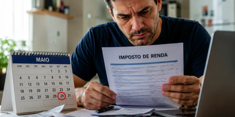 Homem preocupado analisa documento do Imposto de Renda, representando a multa de R$ 165,74 ou 1% do imposto devido para quem não declarar no prazo.