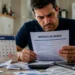 Homem preocupado analisa documento do Imposto de Renda, representando a multa de R$ 165,74 ou 1% do imposto devido para quem não declarar no prazo.