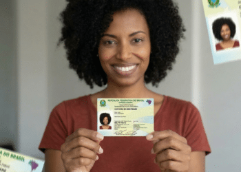 Mulher de cabelo cacheado sorri e mostra a nova Carteira de Identidade Nacional em ambiente interno.