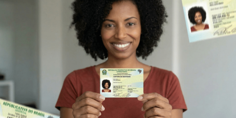 Mulher de cabelo cacheado sorri e mostra a nova Carteira de Identidade Nacional em ambiente interno.