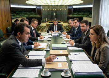 Parlamentares e representantes setoriais reunidos em mesa oval do Congresso com pastas e documentos sobre legislação trabalhista