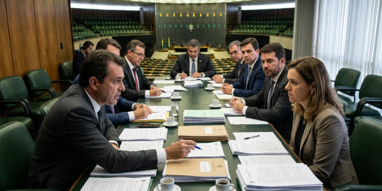 Parlamentares e representantes setoriais reunidos em mesa oval do Congresso com pastas e documentos sobre legislação trabalhista
