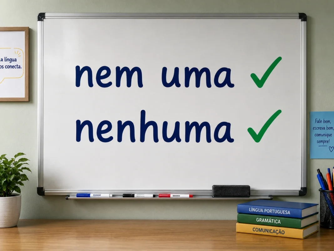 Quadro branco com as expressões “nem uma” e “nenhuma” escritas corretamente, acompanhadas de sinais de confirmação.