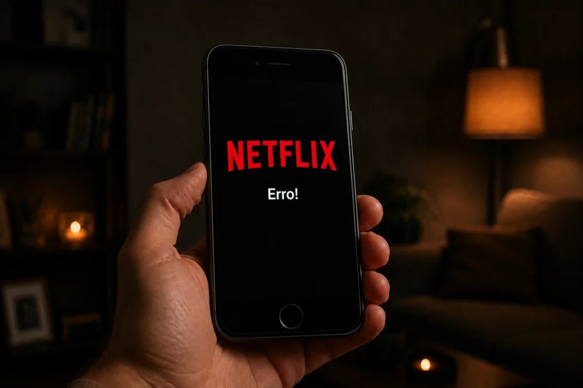 elular antigo exibindo mensagem de erro da Netflix em tela preta.