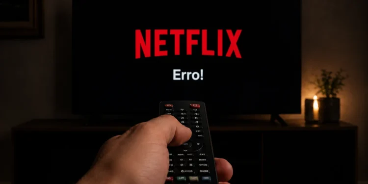 Mão segurando controle remoto apontado para TV com aviso de erro da Netflix na tela.