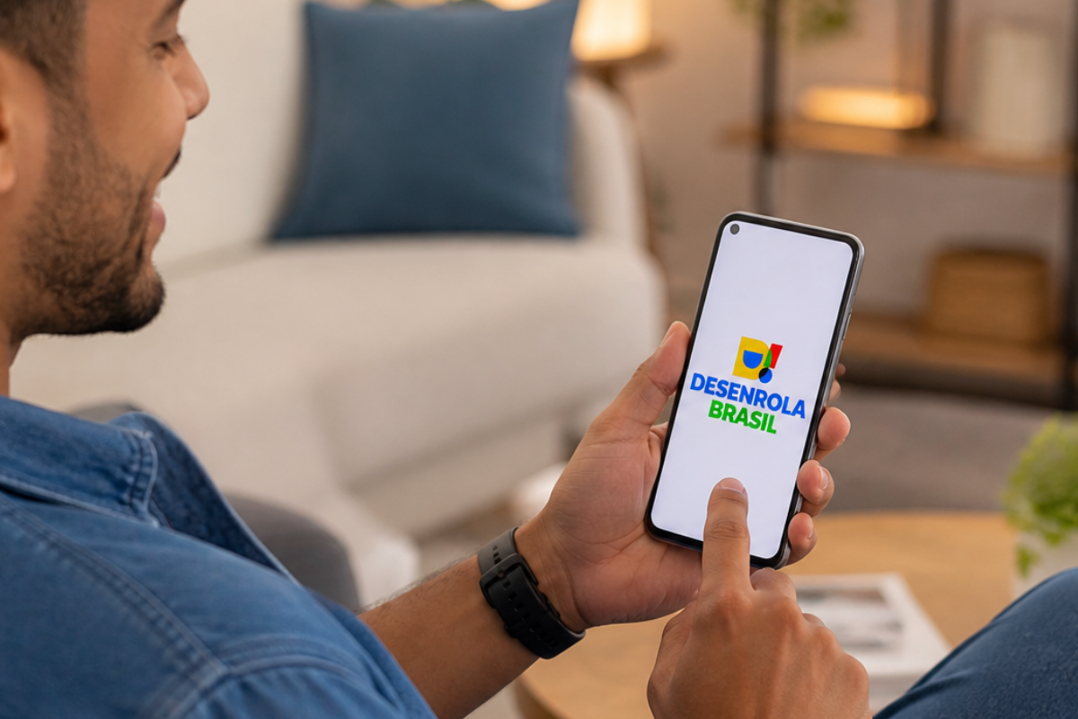 Homem de camisa jeans e smartwatch acessa app Desenrola Brasil em smartphone na sala de estar