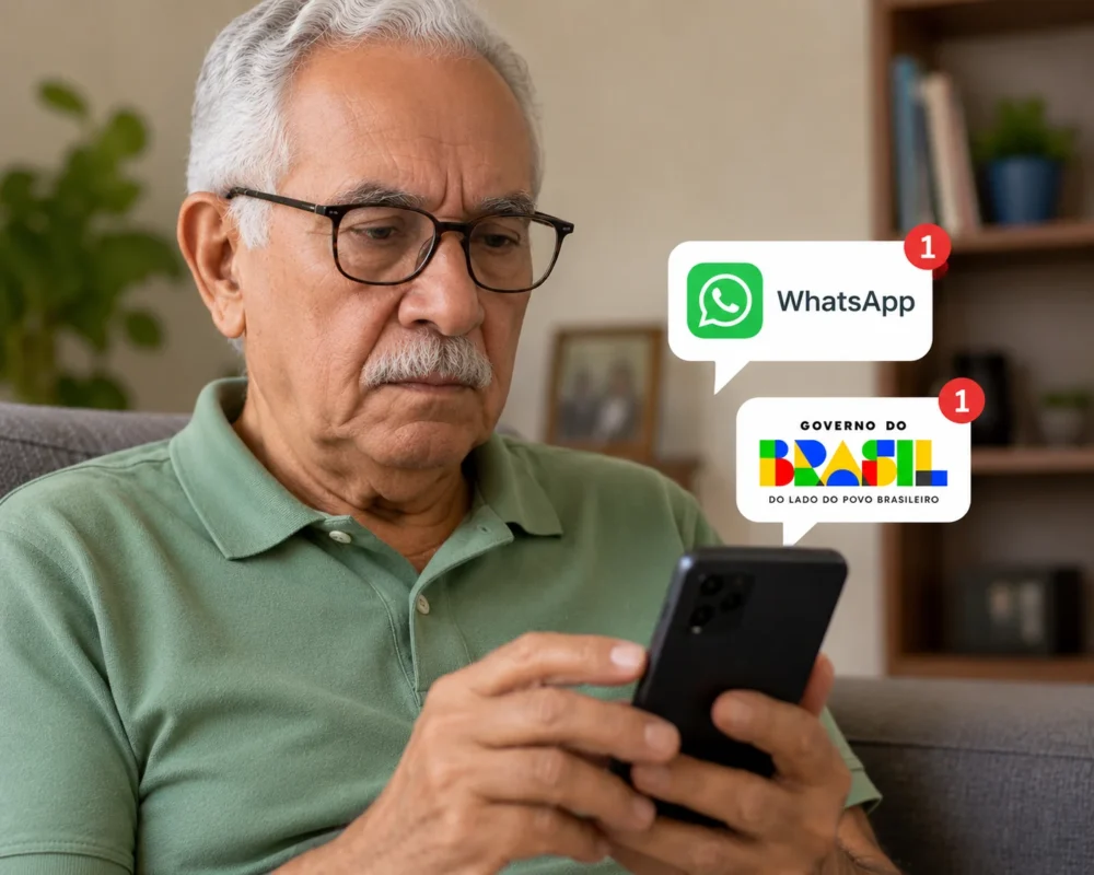 Idoso atento usando celular com notificações, representando o alerta oficial do Governo Federal pelo WhatsApp sobre prova de vida do INSS
